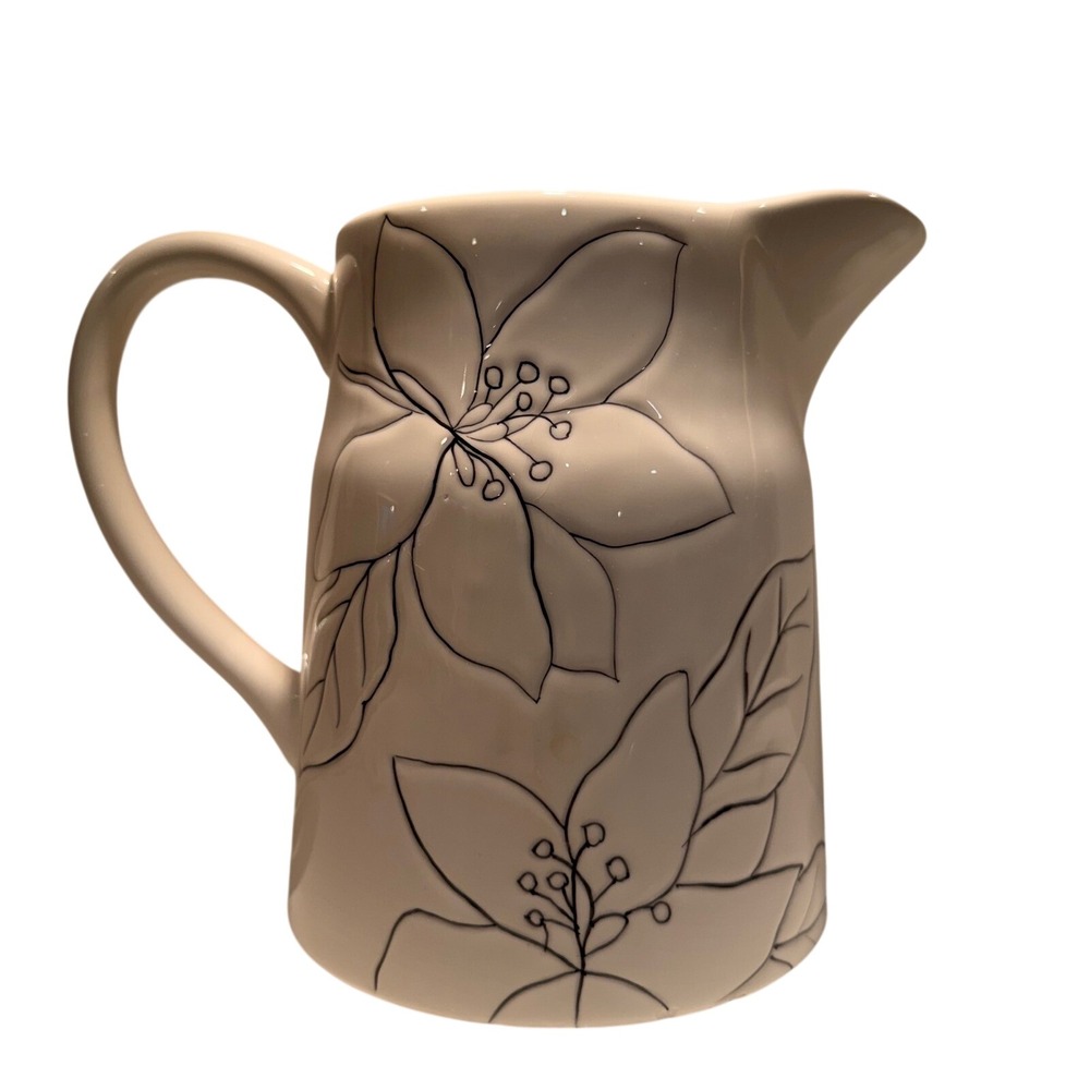 Laurie Gates Floral Anna White Ceramic Pitcher with Handle Stoneware Heavy